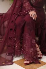 Maria B 3 Piece Unstitched Luxury Chiffon Suit-D8-Burgundy embroidered dress UK, daman & dupatta embroidery closeup