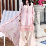 Maria B M.Prints Unstitched Embroidered Jacquard Suit-MPT–02a pink white 3 piece Pakistani jacquard suit UK Eid outfit, full front look