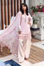Maria B M.Prints Unstitched Embroidered Jacquard Suit-MPT–02a pink white 3 piece Pakistani jacquard suit UK Eid outfit, side look