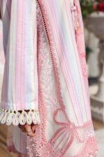 Maria B M.Prints Unstitched Embroidered Jacquard Suit-MPT–02a pink white 3 piece Pakistani jacquard suit UK Eid outfit, sleeves and kameez daman closeup
