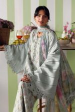 Maria B M.Prints Unstitched Embroidered Lawn Suit-MPT–01b grey 3 piece Pakistani lawn suit UK Eid summer outfit, side look and sleeves closeup