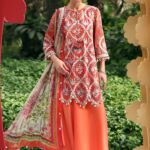 Maria B M.Prints Unstitched Embroidered Lawn Suit-MPT 03a orange 3 piece Pakistani lawn suit UK Eid summer outfit, full front look