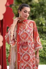 Maria B M.Prints Unstitched Embroidered Lawn Suit-MPT 03a orange 3 piece Pakistani lawn suit UK Eid summer outfit, feront kameez close look