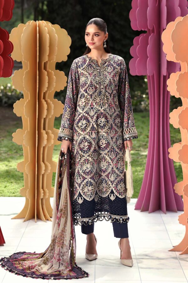 Maria B M.Prints Unstitched Embroidered Lawn Suit-MPT 03b blue 3 piece Pakistani lawn suit UK Eid summer outfit. full front look