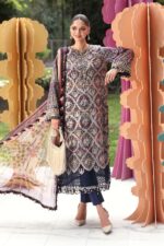 Maria B M.Prints Unstitched Embroidered Lawn Suit-MPT 03b blue 3 piece Pakistani lawn suit UK Eid summer outfit, front salwar, kameez and dupatta closeup