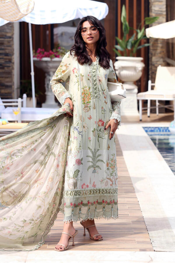 Shop Maria B M.Prints Unstitched Embroidered Lawn Suit-MPT 04b in the UK. Elegant green 3-piece Eid lawn suit with embroidery. front salwar kameez and dupatta