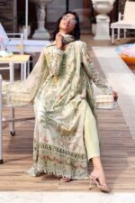 Shop Maria B M.Prints Unstitched Embroidered Lawn Suit-MPT 04b in the UK. Elegant green 3-piece Eid lawn suit with embroidery. shirt closeup