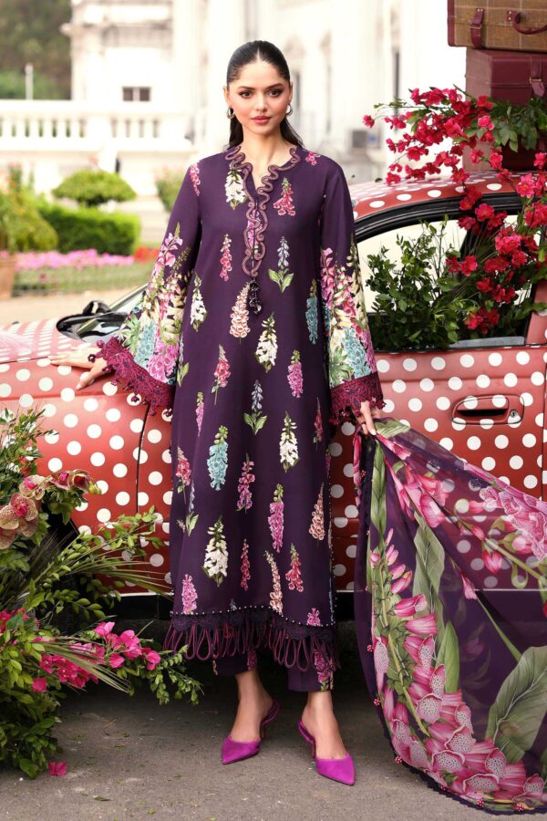 Shop Maria B M.Prints Unstitched Embroidered Lawn Suit-MPT 05a in the UK. Elegant purple 3-piece Eid lawn suit with embroidered details. full front look