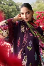 Shop Maria B M.Prints Unstitched Embroidered Lawn Suit-MPT 05a in the UK. Elegant purple 3-piece Eid lawn suit with embroidered details. kameez closeup
