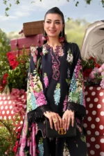 Embroidered Lawn Suit-MPT 05b in the UK. Elegant black 3-piece Eid lawn suit with embroidery. front kameez closeup
