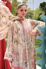 Maria B M.Prints Unstitched Embroidered Lawn Suit-MPT 06a in the UK. Elegant off-white & peach 3-piece Eid lawn suit, front kameez