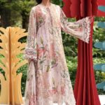 Maria B M.Prints Unstitched Embroidered Lawn Suit-MPT 06a in the UK. Elegant off-white & peach 3-piece Eid lawn suit, full front look