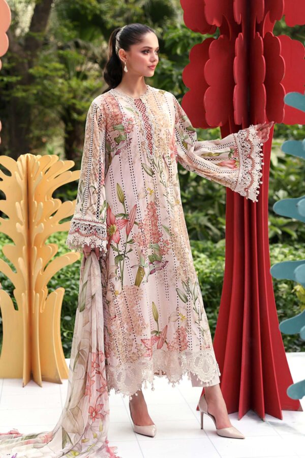 Maria B M.Prints Unstitched Embroidered Lawn Suit-MPT 06a in the UK. Elegant off-white & peach 3-piece Eid lawn suit, full front look