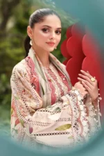 Maria B M.Prints Unstitched Embroidered Lawn Suit-MPT 06a in the UK. Elegant off-white & peach 3-piece Eid lawn suit, sleeves close look