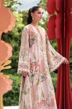 Maria B M.Prints Unstitched Embroidered Lawn Suit-MPT 06a in the UK. Elegant off-white & peach 3-piece Eid lawn suit, side look