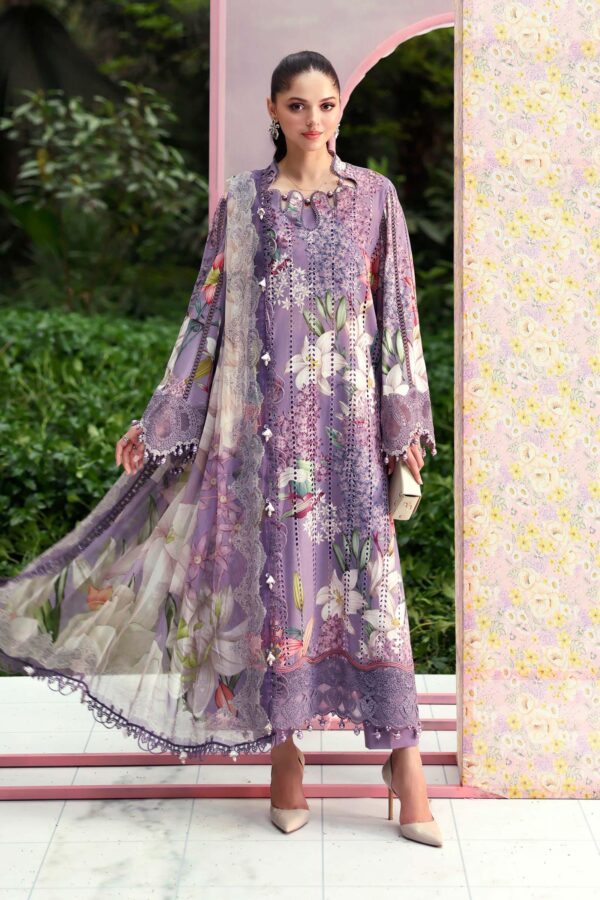 Maria B M.Prints Unstitched Embroidered Lawn Suit-MPT 06b in the UK. Elegant lilac 3-piece Eid lawn suit with embroidery, full front look
