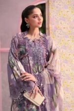 Maria B M.Prints Unstitched Embroidered Lawn Suit-MPT 06b in the UK. Elegant lilac 3-piece Eid lawn suit with embroidery, front kameez closeup