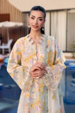 Maria B M.Prints Unstitched Embroidered Lawn Suit-MPT 07a in the UK. Elegant sea green 3-piece Eid lawn suit, front kameez close look