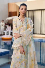 Maria B M.Prints Unstitched Embroidered Lawn Suit-MPT 07a in the UK. Elegant sea green 3-piece Eid lawn suit, sleeves closeup