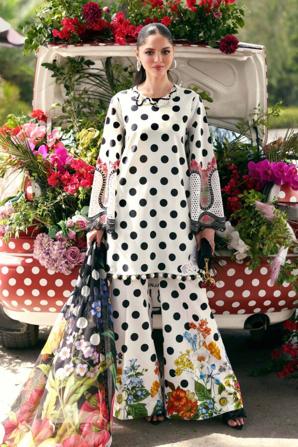 Maria B M.Prints Unstitched Embroidered Lawn Suit-MPT 08a in the UK. Elegant white & black 3-piece Eid lawn suit, full front look