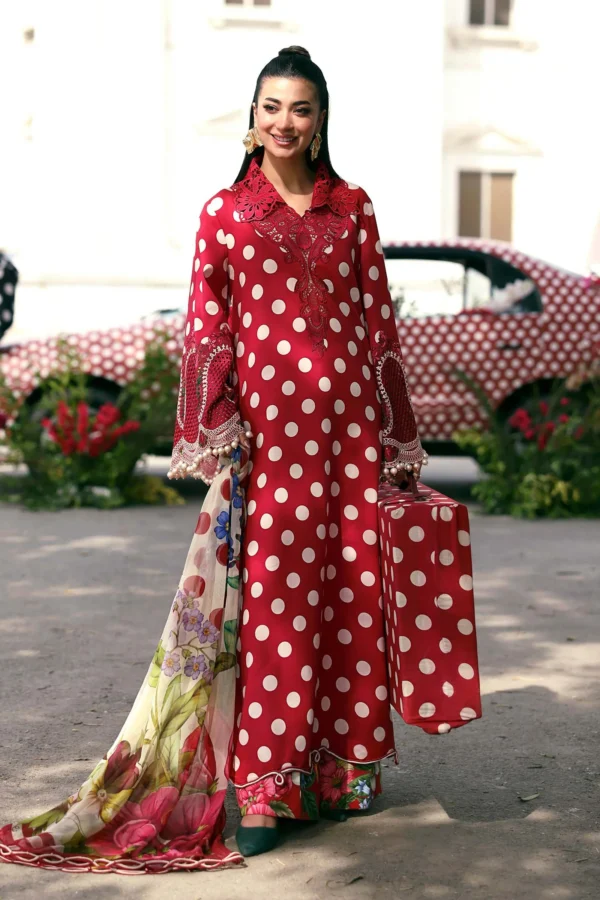 Maria B M.Prints Unstitched Embroidered Lawn Suit-MPT 08b in the UK. Elegant maroon 3-piece Eid lawn suit with embroidery full front look