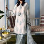 Shop Maria B M.Prints Unstitched Embroidered Lawn Suit-MPT 09a in the UK. Elegant white & blue 3-piece Eid lawn suit with embroidery, full front look