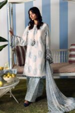 Shop Maria B M.Prints Unstitched Embroidered Lawn Suit-MPT 09a in the UK. Elegant white & blue 3-piece Eid lawn suit with embroidery, full front look