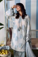 Shop Maria B M.Prints Unstitched Embroidered Lawn Suit-MPT 09a in the UK. Elegant white & blue 3-piece Eid lawn suit with embroidery., side look