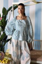 Shop Maria B M.Prints Unstitched Embroidered Lawn Suit-MPT 09a in the UK. Elegant white & blue 3-piece Eid lawn suit with embroidery, new style of same dress, short shirt and trouser