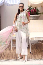 Maria B M.Prints Unstitched Embroidered Lawn Suit-MPT 10a in the UK. Elegant off-white & pink 3-piece Eid lawn suit, short shirt and trouser