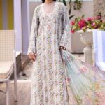 Maria B M.Prints Unstitched Embroidered Lawn Suit-MPT 10b in the UK. Elegant off-white & blue 3-piece Eid lawn suit, full front look, maxi style