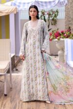Maria B M.Prints Unstitched Embroidered Lawn Suit-MPT 10b in the UK. Elegant off-white & blue 3-piece Eid lawn suit, full front look, maxi style