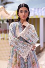 Maria B M.Prints Unstitched Embroidered Lawn Suit-MPT 10b in the UK. Elegant off-white & blue 3-piece Eid lawn suit, sleeves closeup