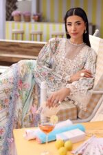 Maria B M.Prints Unstitched Embroidered Lawn Suit-MPT 10b in the UK. Elegant off-white & blue 3-piece Eid lawn suit, side look