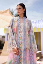 Maria B M.Prints Unstitched Embroidered Lawn Suit-MPT 10b in the UK. Elegant off-white & blue 3-piece Eid lawn suit, front kameez and dupatta