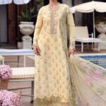 Maria B M.Prints Unstitched Embroidered Lawn Suit-MPT–01a yellow 3 piece Pakistani lawn suit UK Eid summer outfit, full front look