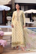 Maria B M.Prints Unstitched Embroidered Lawn Suit-MPT–01a yellow 3 piece Pakistani lawn suit UK Eid summer outfit, full front look