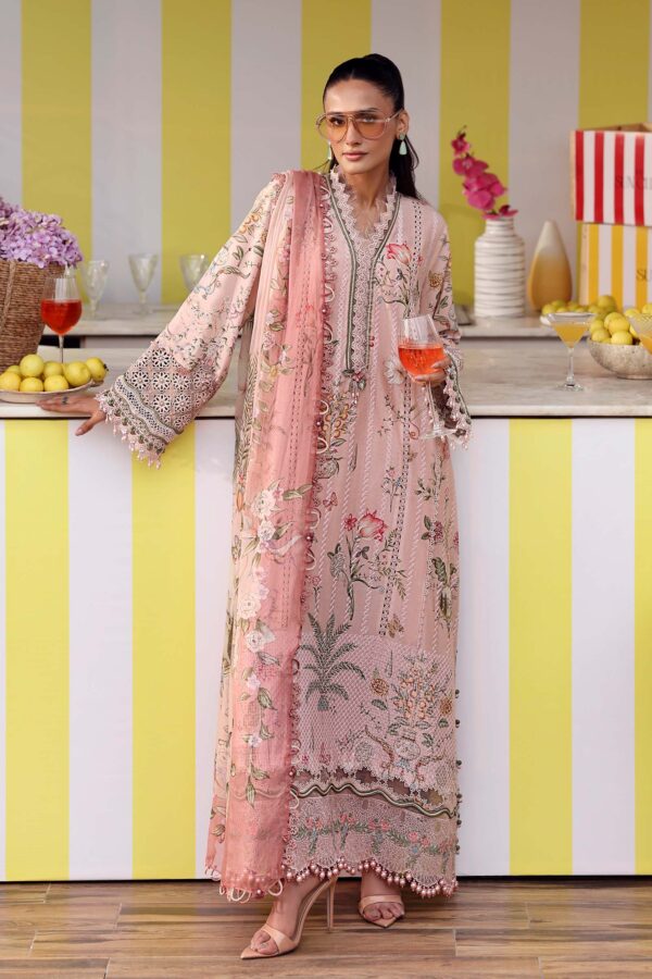 Maria B M.Prints Unstitched Embroidered Lawn Suit-MPT 04a in the UK. Elegant pink 3-piece Eid lawn suit. Lightweight & breathable. full front look