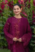 Rang Rasiya Unstitched Eid Outfit 26'-AYRA, a premium 3-piece embroidered lawn suit perfect for Eid and summer wear in the UK, front neck design