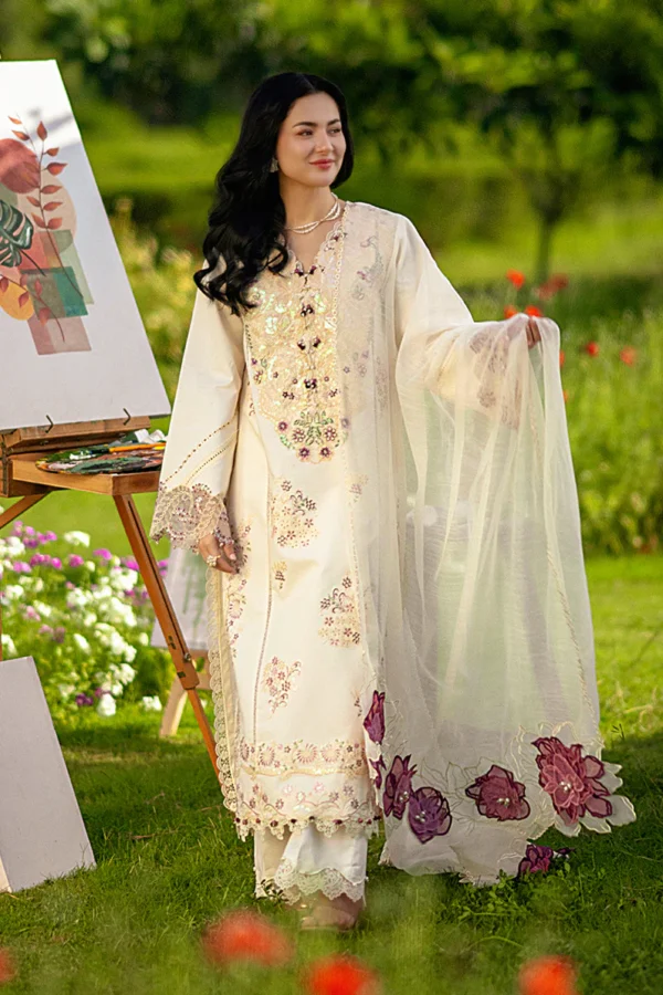 Rang Rasiya Unstitched Eid Outfit 26'-HANIA embroidered lawn suit 3 piece Pakistani designer dress with textured dupatta and organza details UK, full front look