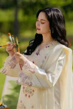 Rang Rasiya Unstitched Eid Outfit 26'-HANIA embroidered lawn suit 3 piece Pakistani designer dress with textured dupatta and organza details UK, side look with sleeves embroidery close look