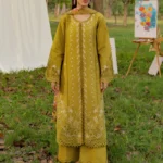 Rang Rasiya Unstitched Eid Outfit 26'-HAYA embroidered lawn silk dupatta 3 piece Pakistani designer dress schiffli organza UK, full front look