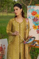 Rang Rasiya Unstitched Eid Outfit 26'-HAYA embroidered lawn silk dupatta 3 piece Pakistani designer dress schiffli organza UK, front shirt close look