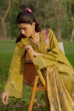 Rang Rasiya Unstitched Eid Outfit 26'-HAYA embroidered lawn silk dupatta 3 piece Pakistani designer dress schiffli organza UK, front sleeves closeup