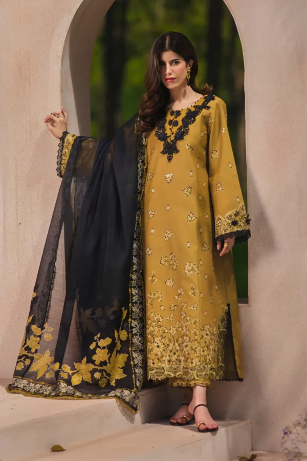 Rang Rasiya Unstitched Eid Outfit 26'-MAHI embroidered lawn suit 3 piece Pakistani designer dress schiffli 3D flower organza UK, full front look