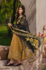 Rang Rasiya Unstitched Eid Outfit 26'-MAHI embroidered lawn suit 3 piece Pakistani designer dress schiffli 3D flower organza UK, dupatta closeup