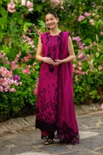 Rang Rasiya Unstitched Eid Outfit 26'-MAYA embroidered lawn suit 3 piece Pakistani designer dress with cotton net dupatta UK, full front look