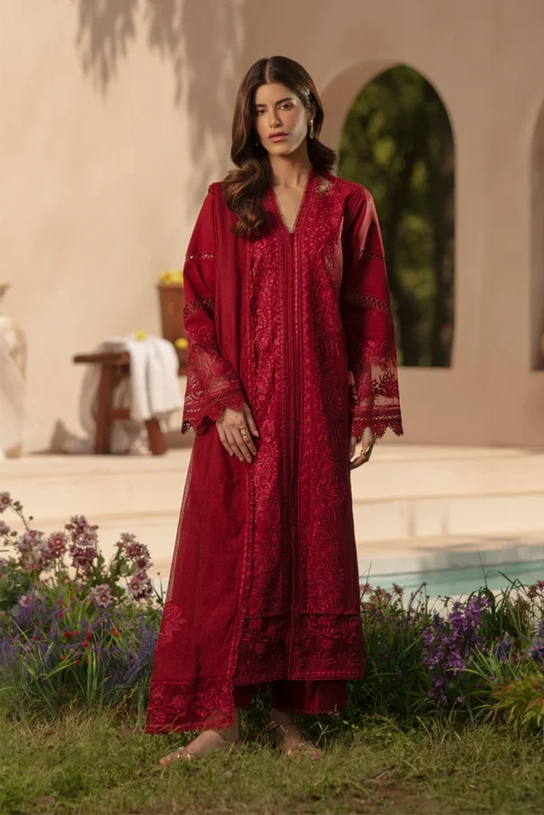 Rang Rasiya Unstitched Eid Outfit 26'-NEHAL embroidered lawn suit 3 piece Pakistani designer dress with textured dupatta and organza details UK, full front look