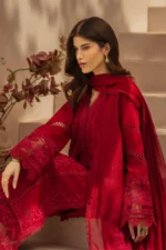 Rang Rasiya Unstitched Eid Outfit 26'-NEHAL embroidered lawn suit 3 piece Pakistani designer dress with textured dupatta and organza details UK, sleeves embroidery close look