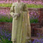Rang Rasiya Unstitched Eid Outfit 26'-RAHA embroidered lawn suit 3 piece Pakistani designer dress organza border paste print dupatta UK, full front look